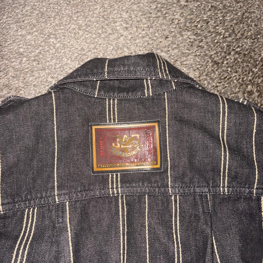 Vintage Y2K Jag Jacket Womens Black Striped Denim Star Embroidered Cropped - Picture 2 of 14